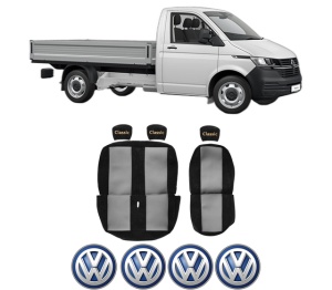 Set Huse Scaune Camion Tir VW TRANSPORTER T6 Platform/Chassis (SFD, SFE, SFL, SFZ, SJD, SJ din 2015-2024, Auto, Model CLASSIC, Culoare Rosu, 4x Stickere auto cu VW