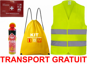 Set Kit siguranta auto cu saculet compact ce contine - Stingator spray 1kg, Trusa Medicala omolgata R.A.R, vesta reflectorizanta compatibil cu orice autoturism accesorii pentru autoturismul tau - masina v84976