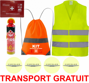 Set Kit siguranta auto cu saculet compact ce contine - Stingator spray 1kg, Trusa Medicala omolgata R.A.R, Vesta Reflectorizanta, Stickere Cadou CHRYSLER, compatibil cu orice autoturism accesorii pentru autoturismul tau - masina v67712