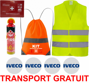 Set Kit siguranta auto cu saculet compact ce contine - Stingator spray 1kg, Trusa Medicala omolgata R.A.R, Vesta Reflectorizanta, Stickere Cadou IVECO, compatibil cu orice autoturism accesorii pentru autoturismul tau - masina v67672