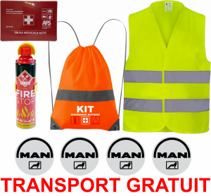 Set Kit siguranta auto cu saculet compact ce contine - Stingator spray 1kg, Trusa Medicala omolgata R.A.R, Vesta Reflectorizanta, Stickere Cadou MAN, compatibil cu orice autoturism accesorii pentru autoturismul tau - masina v67652