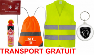 Set Kit siguranta auto cu saculet compact ce contine - Stingator spray 1kg, Trusa Medicala omolgata R.A.R, Vesta Reflectorizanta, Breloc Cadou PEUGEOT, compatibil cu orice autoturism. accesorii pentru autoturismul tau - masina v67452