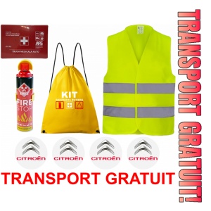 Set Kit siguranta auto cu saculet compact ce contine - Stingator spray 1kg, Trusa Medicala omolgata R.A.R, vesta reflectorizanta, stickere CITROEN , compatibil cu orice autoturism