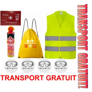 Set Kit siguranta auto cu saculet compact ce contine - Stingator spray 1kg, Trusa Medicala omolgata R.A.R, vesta reflectorizanta, stickere INFINITI , compatibil cu orice autoturism