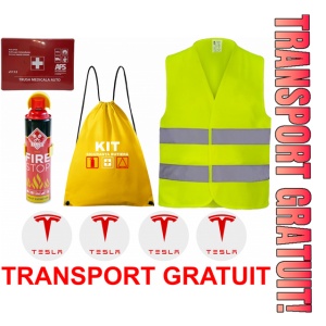 Set Kit siguranta auto cu saculet compact ce contine - Stingator spray 1kg, Trusa Medicala omolgata R.A.R, vesta reflectorizanta, stickere cadou TESLA , compatibil cu orice autoturism