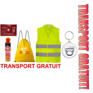 Set Kit siguranta auto cu saculet compact ce contine - Stingator spray 1kg, Trusa Medicala omolgata R.A.R, vesta reflectorizanta, Breloc cadou DACIA , compatibil cu orice autoturism