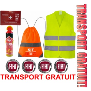 Set Kit siguranta auto cu saculet compact ce contine - Stingator spray 1kg, Trusa Medicala omolgata R.A.R, Vesta Reflectorizanta, Stickere Cadou FIAT, compatibil cu orice autoturism