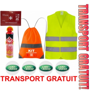Set Kit siguranta auto cu saculet compact ce contine - Stingator spray 1kg, Trusa Medicala omolgata R.A.R, Vesta Reflectorizanta, Stickere Cadou LAND ROVER, compatibil cu orice autoturism