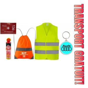 Set Kit siguranta auto cu saculet compact ce contine - Stingator spray 1kg, Trusa Medicala omolgata R.A.R, Vesta Reflectorizanta, Breloc Cadou AUDI , compatibil cu orice autoturism. - Img 1