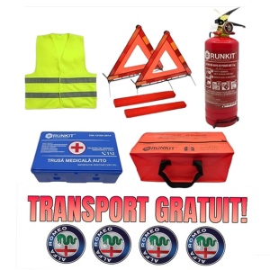 Set Kit siguranta auto omologat R.A.R, Stingator cu manometru 1kg P1 , Trusa Medicala, 2 Triunghiuri Reflectorizante, geanta color - albastra + Stickere Cadou Alfa Romeo - kit compatibil cu orice autoturism