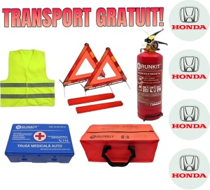 Set Kit siguranta auto omologat R.A.R, Stingator cu manometru 1kg P1 , Trusa Medicala, 2 Triunghiuri Reflectorizante, geanta color - albastra + Stickere Cadou HONDA- kit compatibil cu orice autoturism