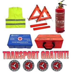 Set Kit siguranta auto omologat R.A.R, Stingator cu manometru 1kg P1 , Trusa Medicala, 2 Triunghiuri Reflectorizante, geanta color - albastra + Stickere Cadou MERCEDES- kit compatibil cu orice autoturism