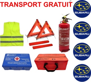 Set Kit siguranta auto omologat R.A.R, Stingator cu manometru 1kg P1 , Trusa Medicala, 2 Triunghiuri Reflectorizante, geanta color - albastra + Stickere Cadou SUBARU- kit compatibil cu orice autoturism