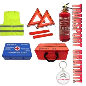 Set Kit siguranta auto omologat R.A.R, Stingator cu manometru 1kg P1 , Trusa Medicala, 2 Triunghiuri Reflectorizante, geanta color - albastra + Breloc Cadou CITROEN- kit compatibil cu orice autoturism