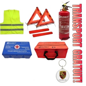Set Kit siguranta auto omologat R.A.R, Stingator cu manometru 1kg P1 , Trusa Medicala, 2 Triunghiuri Reflectorizante, geanta color - albastra + Breloc Cadou PEUGEOT- kit compatibil cu orice autoturism