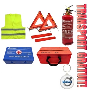 Set Kit siguranta auto omologat R.A.R, Stingator cu manometru 1kg P1 , Trusa Medicala, 2 Triunghiuri Reflectorizante, geanta color - albastra + Breloc Cadou VOLVO- kit compatibil cu orice autoturism