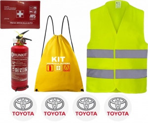 Set Kit siguranta auto OMOLOGAT RAR cu saculet compact ce contine - Stingator cu manometru P1 1kg, Trusa Medicala , Vesta Reflectorizanta, Stickere Cadou TOYOTA. Compatibil cu orice autoturism. - Img 2