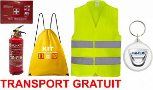 Set Kit siguranta auto OMOLOGAT RAR cu saculet compact ce contine - Stingator cu manometru P1 1kg, Trusa Medicala , Vesta Reflectorizanta, Breloc Cadou DACIA. Compatibil cu orice autoturism. accesorii pentru autoturismul tau - masina v67852