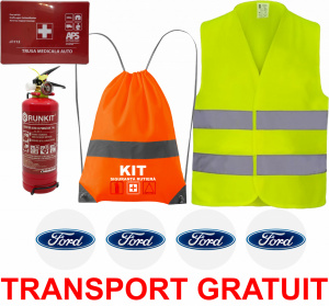Set Kit siguranta auto OMOLOGAT RAR cu saculet compact ce contine - Stingator cu manometru P1 1kg, Trusa Medicala , Vesta Reflectorizanta, Stickere Cadou FORD. Compatibilitate cu orice autoturism accesorii pentru autoturismul tau - masina v67322