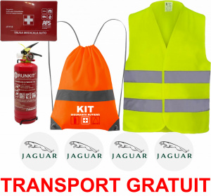 Set Kit siguranta auto OMOLOGAT RAR cu saculet compact ce contine - Stingator cu manometru P1 1kg, Trusa Medicala , Vesta Reflectorizanta, Stickere Cadou JAGUAR. Compatibilitate cu orice autoturism accesorii pentru autoturismul tau - masina v67302