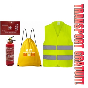 Set Kit siguranta auto OMOLOGAT RAR cu saculet compact ce contine - Stingator cu manometru P1 1kg, Trusa Medicala , Vesta Reflectorizanta, Stickere Cadou BMW. Compatibil cu orice autoturism.