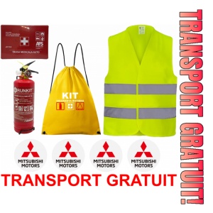 Set Kit siguranta auto OMOLOGAT RAR cu saculet compact ce contine - Stingator cu manometru P1 1kg, Trusa Medicala , Vesta Reflectorizanta, Stickere Cadou MITSUBISHI. Compatibil cu orice autoturism.