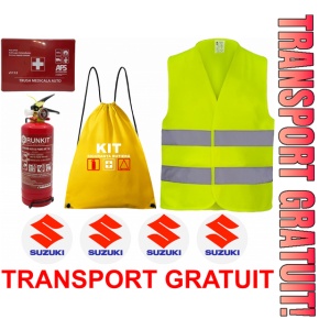 Set Kit siguranta auto OMOLOGAT RAR cu saculet compact ce contine - Stingator cu manometru P1 1kg, Trusa Medicala , Vesta Reflectorizanta, Stickere Cadou SUZUKI. Compatibil cu orice autoturism.