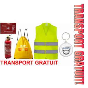 Set Kit siguranta auto OMOLOGAT RAR cu saculet compact ce contine - Stingator cu manometru P1 1kg, Trusa Medicala , Vesta Reflectorizanta, Breloc Cadou DACIA. Compatibil cu orice autoturism.