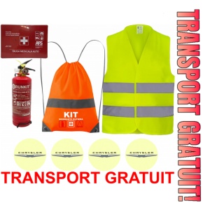 Set Kit siguranta auto OMOLOGAT RAR cu saculet compact ce contine - Stingator cu manometru P1 1kg, Trusa Medicala , Vesta Reflectorizanta, Stickere Cadou CHRYSLER. Compatibilitate cu orice autoturism