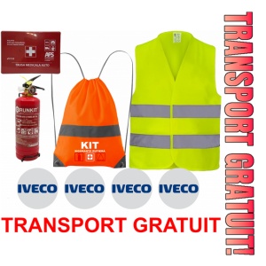 Set Kit siguranta auto OMOLOGAT RAR cu saculet compact ce contine - Stingator cu manometru P1 1kg, Trusa Medicala , Vesta Reflectorizanta, Stickere Cadou IVECO. Compatibilitate cu orice autoturism