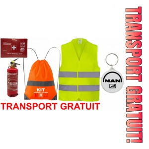 Set Kit siguranta auto OMOLOGAT RAR cu saculet compact ce contine - Stingator cu manometru P1 1kg, Trusa Medicala , Vesta Reflectorizanta, Breloc Cadou MAN. Compatibilitate cu orice autoturism