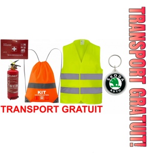 Set Kit siguranta auto OMOLOGAT RAR cu saculet compact ce contine - Stingator cu manometru P1 1kg, Trusa Medicala , Vesta Reflectorizanta, Breloc Cadou SKODA. Compatibilitate cu orice autoturism
