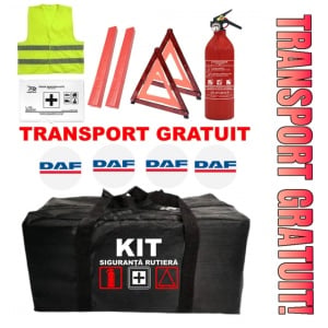 Set Kit - Trusa siguranta auto omologat R.A.R, Stingator cu manometru 1kg P1 , Trusa Medicala, 2 Triunghiuri Reflectorizante , 4 stickere autoadezive DAF