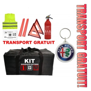 Set Kit - Trusa siguranta auto omologat R.A.R, Stingator cu manometru 1kg P1 , Trusa Medicala, 2 Triunghiuri Reflectorizante , 1Breloc Alfa Romeo