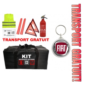 Set Kit - Trusa siguranta auto omologat R.A.R, Stingator cu manometru 1kg P1 , Trusa Medicala, 2 Triunghiuri Reflectorizante , 1 Breloc FIAT