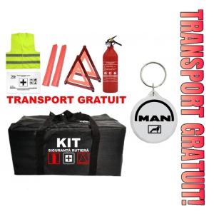 Set Kit - Trusa siguranta auto omologat R.A.R, Stingator cu manometru 1kg P1 , Trusa Medicala, 2 Triunghiuri Reflectorizante , 1 Breloc MAN