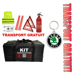 Set Kit - Trusa siguranta auto omologat R.A.R, Stingator cu manometru 1kg P1 , Trusa Medicala, 2 Triunghiuri Reflectorizante , 1 Breloc SKODA