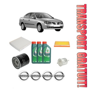 Set Pachet filtre revizie Bosch, 3 litrii ulei Castrol 10W40 NISSAN ALMERA II (N16) 1.8 din 2000-2002, 4x Stickere auto cu NISSAN