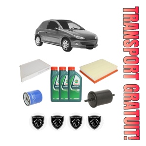 Set Pachet filtre revizie Bosch, 3 litrii ulei Castrol 10W40 PEUGEOT 206 Van 1.1 din 2002-2007, 4x Stickere auto cu PEUGEOT