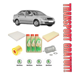 Set Pachet filtre revizie Bosch, 3 litrii ulei Castrol 5W30 SKODA FABIA I Saloon (6Y3) 1.2 din 2003-2007, 4x Stickere auto cu SKODA