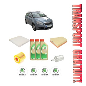 Set Pachet filtre revizie Bosch, 3 litrii ulei Castrol 5W30 SKODA FABIA II Combi (545) 1.2 LPG din 2007-2014, 4x Stickere auto cu SKODA
