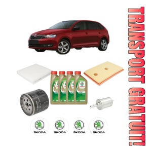 Set Pachet filtre revizie Bosch, 4 litrii ulei Castrol 0W20 SKODA RAPID Spaceback (NH1) 1.4 TSI din 2015-2019, 4x Stickere auto cu SKODA