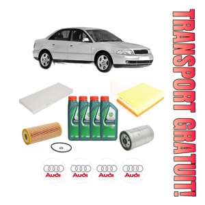 Set Pachet filtre revizie Bosch, 4 litrii ulei Castrol 10W40 AUDI A4 B5 (8D2) 1.9 TDI din 2000, 4x Stickere auto cu AUDI