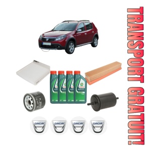 Set Pachet filtre revizie Bosch, 4 litrii ulei Castrol 10W40 DACIA SANDERO 1.2 16V din 2008, 4x Stickere auto cu DACIA