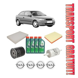 Set Pachet filtre revizie Bosch, 4 litrii ulei Castrol 10W40 OPEL ASTRA G Hatchback (T98) 1.6 (F08, F48) din 2000-2005, 4x Stickere auto cu OPEL