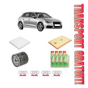 Set Pachet filtre revizie Bosch, 4 litrii ulei Castrol 5W30 AUDI A3 Sportback (8VA, 8VF) 1.4 TFSI din 2014-2016, 4x Stickere auto cu AUDI