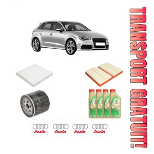 Set Pachet filtre revizie Bosch, 4 litrii ulei Castrol 5W30 AUDI A3 Sportback (8VA, 8VF) 1.0 TFSI din 2016-2020, 4x Stickere auto cu AUDI