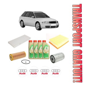 Set Pachet filtre revizie Bosch, 4 litrii ulei Castrol 5W30 AUDI A4 B5 Avant (8D5) 1.9 TDI din 2000-2001, 4x Stickere auto cu AUDI