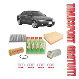 Set Pachet filtre revizie Bosch, 4 litrii ulei Castrol 5W30 AUDI A4 B6 (8E2) 1.9 TDI din 2000-2004, 4x Stickere auto cu AUDI