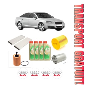 Set Pachet filtre revizie Bosch, 4 litrii ulei Castrol 5W30 AUDI A6 C6 (4F2) 2.0 TDI din 2005-2006, 4x Stickere auto cu AUDI